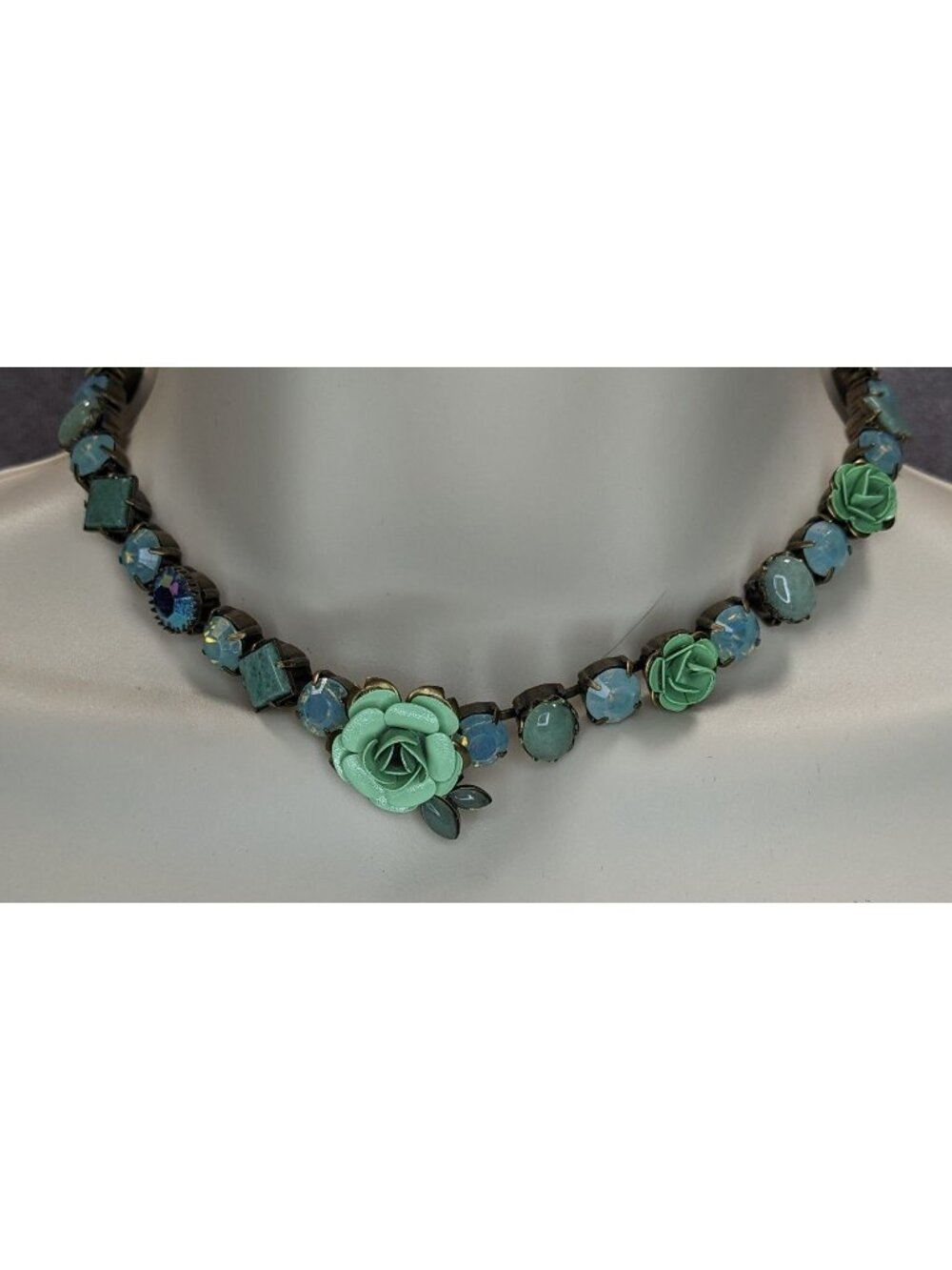 Vintage Mary DeMarco Floral Necklace Gemmed Blue Green Gold Fairycore